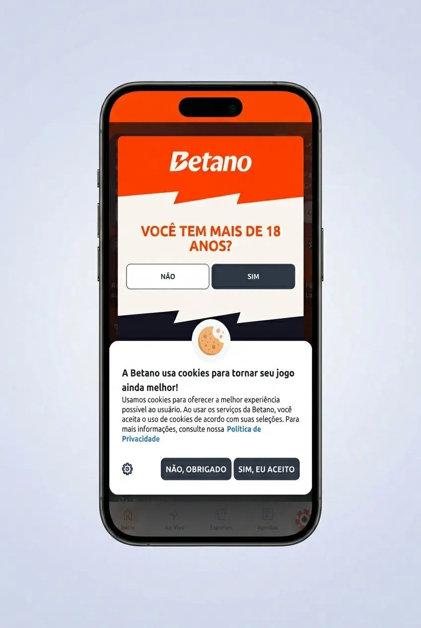 Tela de iPhone com passo a passo para baixar o app Betano iOS e acessar a conta com e-mail, CPF e senha