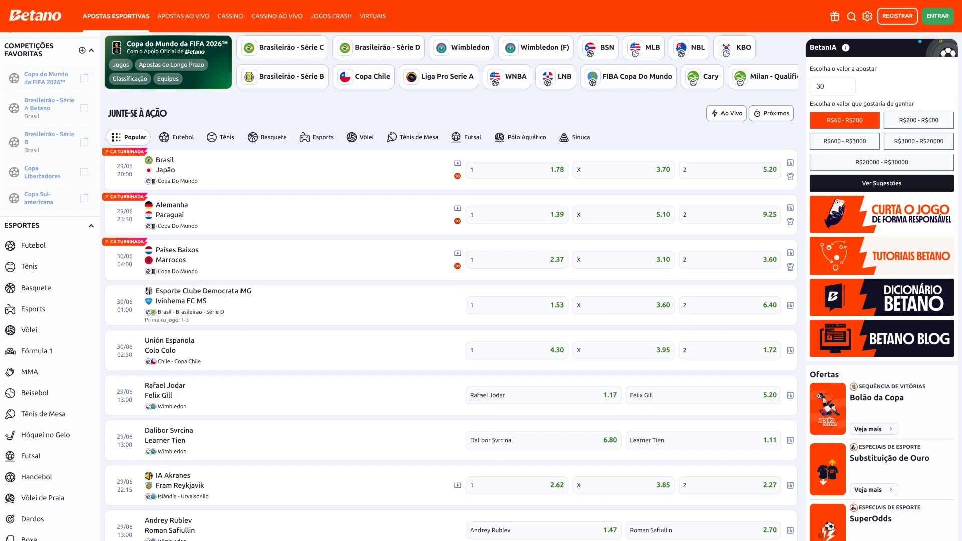Navegue pela cobertura completa de modalidades no moderno Betano website.