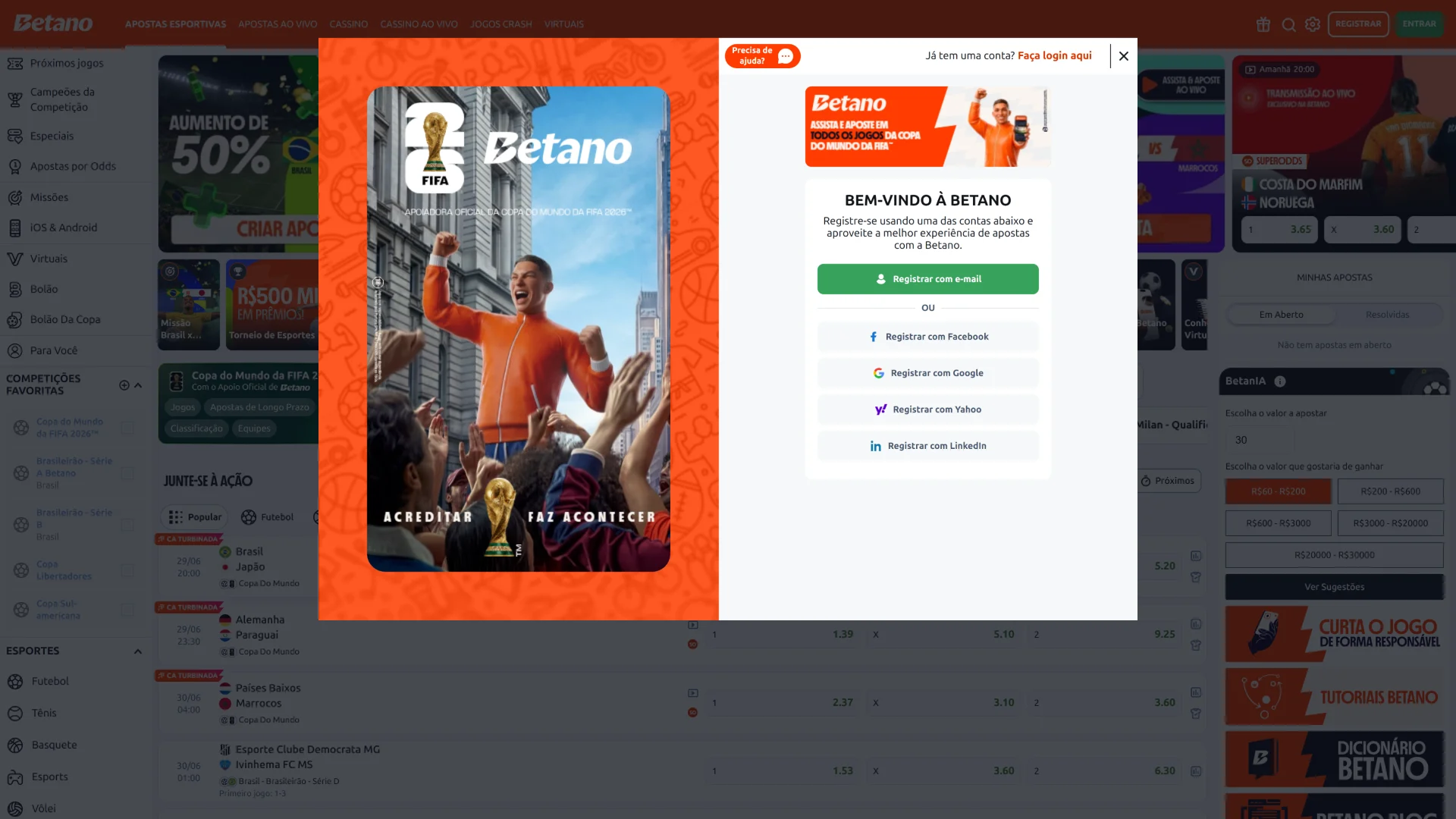 Abra o formulário rápido de novos usuários no útil Betano website.