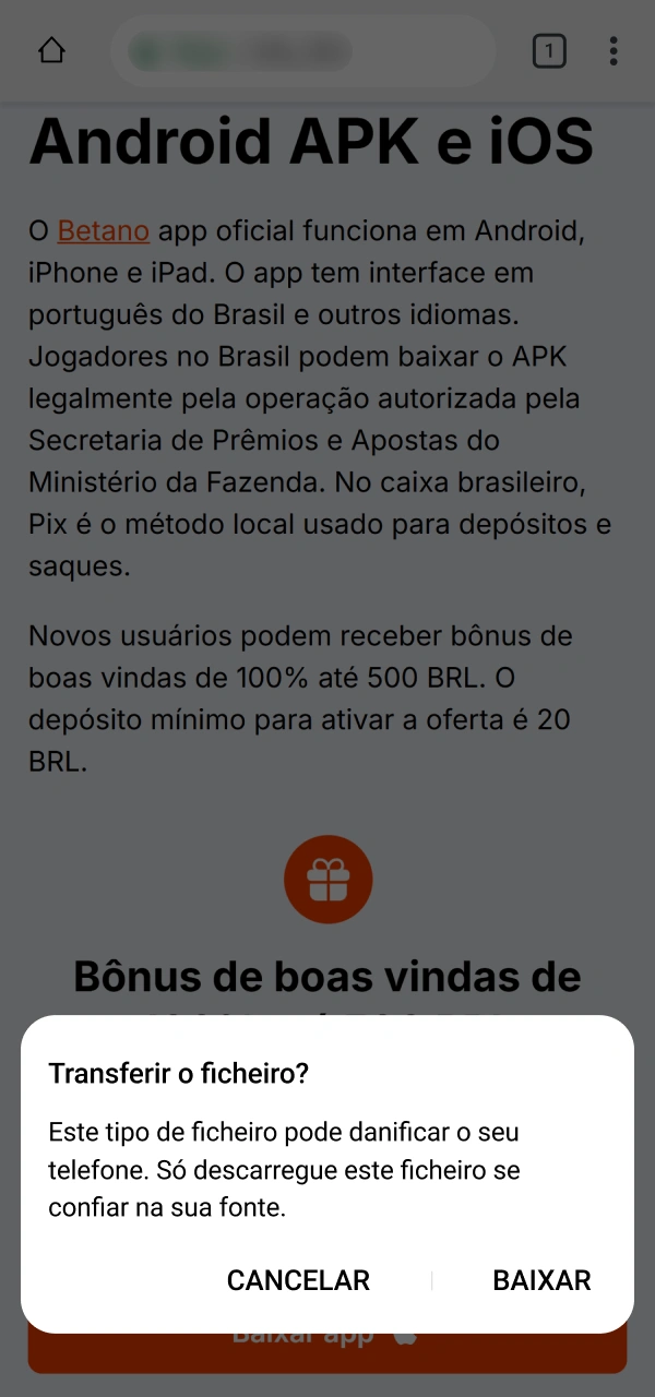 Valide a mensagem do navegador no Betano APK download para Android.