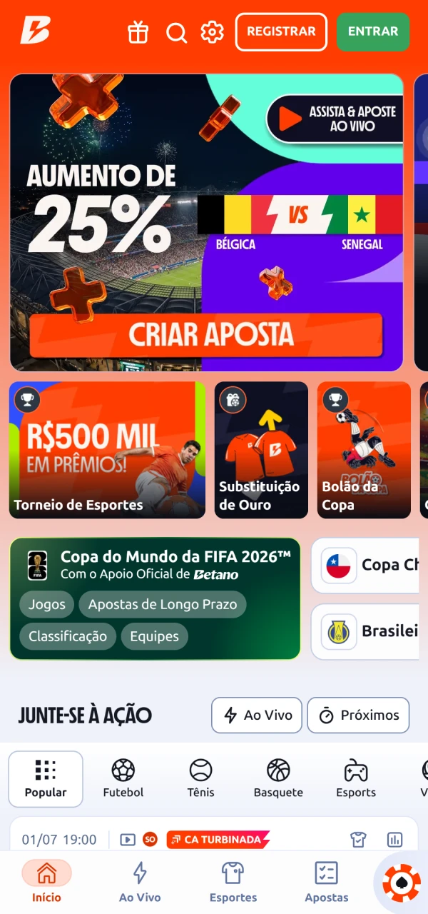 Abra a tela principal da Imagem de menu do Betano Aplicativo.