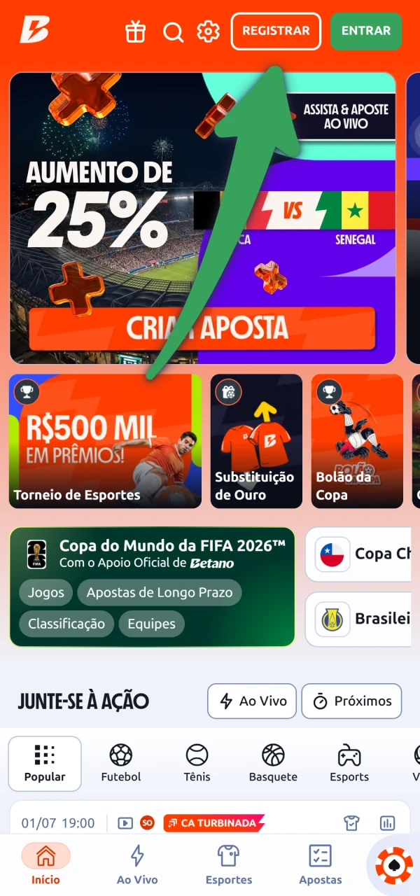 Toque no botão de registro e inicie o cadastro pelo Betano app.