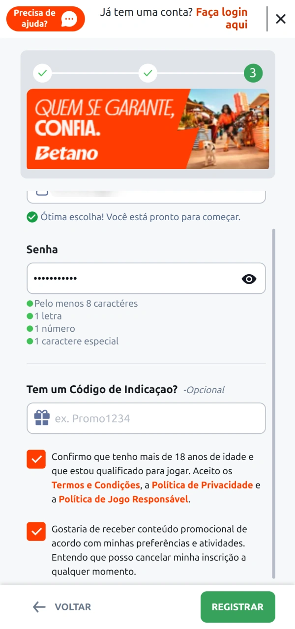 Confirme as etapas para concluir o cadastro pelo Betano app com sucesso.