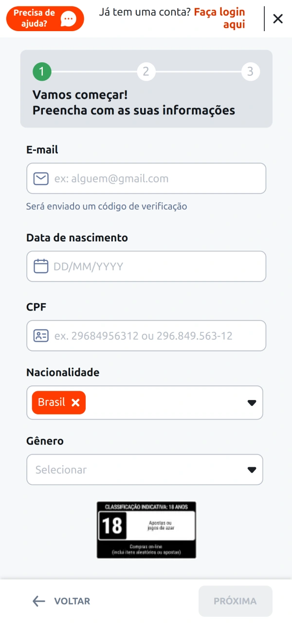 Digite as suas informações no formulário de cadastro pelo Betano app.