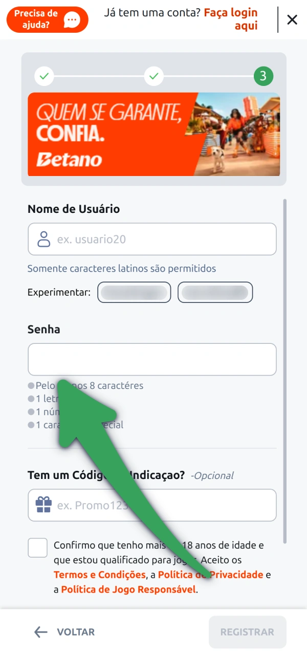 Crie os códigos de acesso no registro pelo aplicativo Betano.