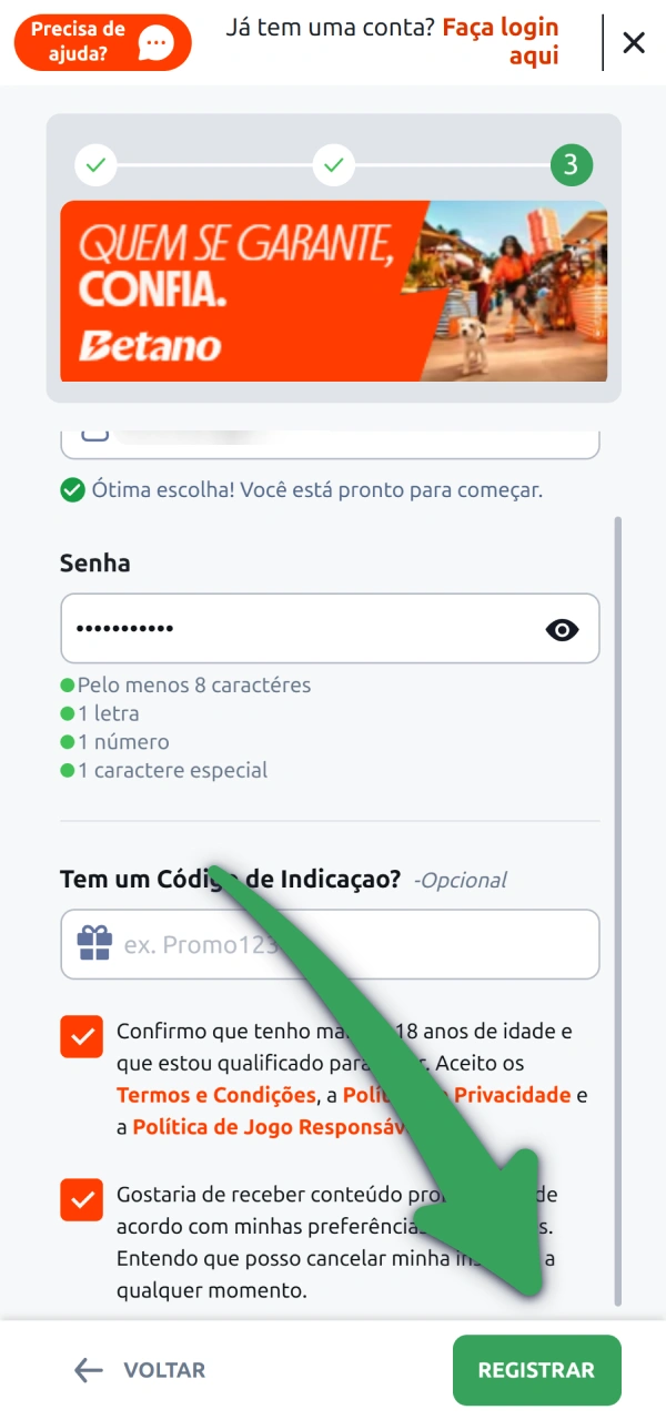 Submeta o formulário completo para finalizar o registro pelo aplicativo Betano.