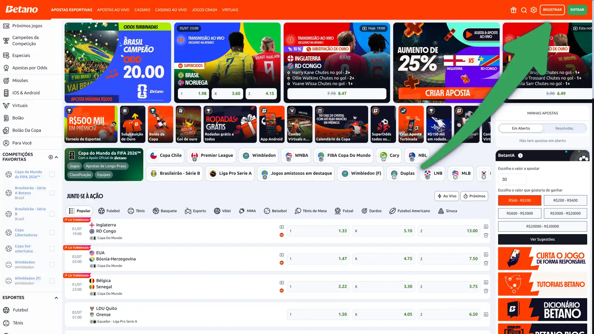 Clique no botão principal de como fazer o cadastro Betano online.