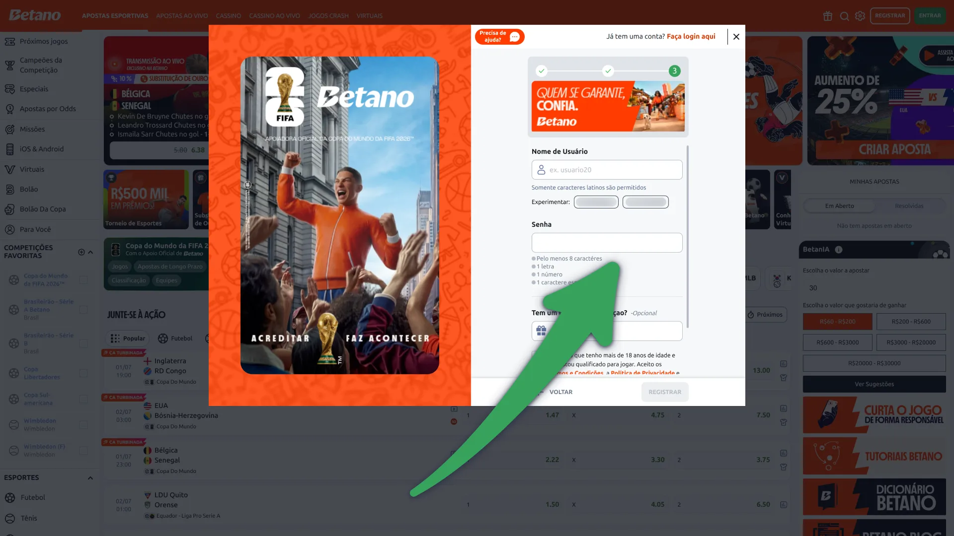 Defina uma senha forte em como fazer o cadastro Betano online.