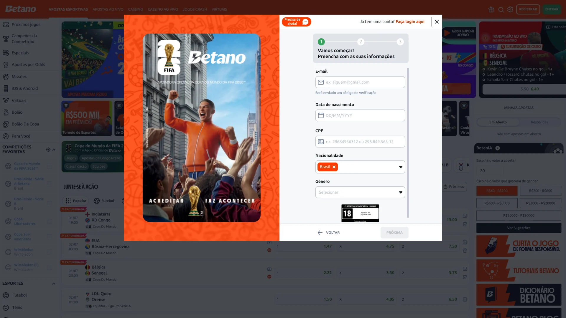Digite as informações válidas em como fazer o cadastro Betano online.